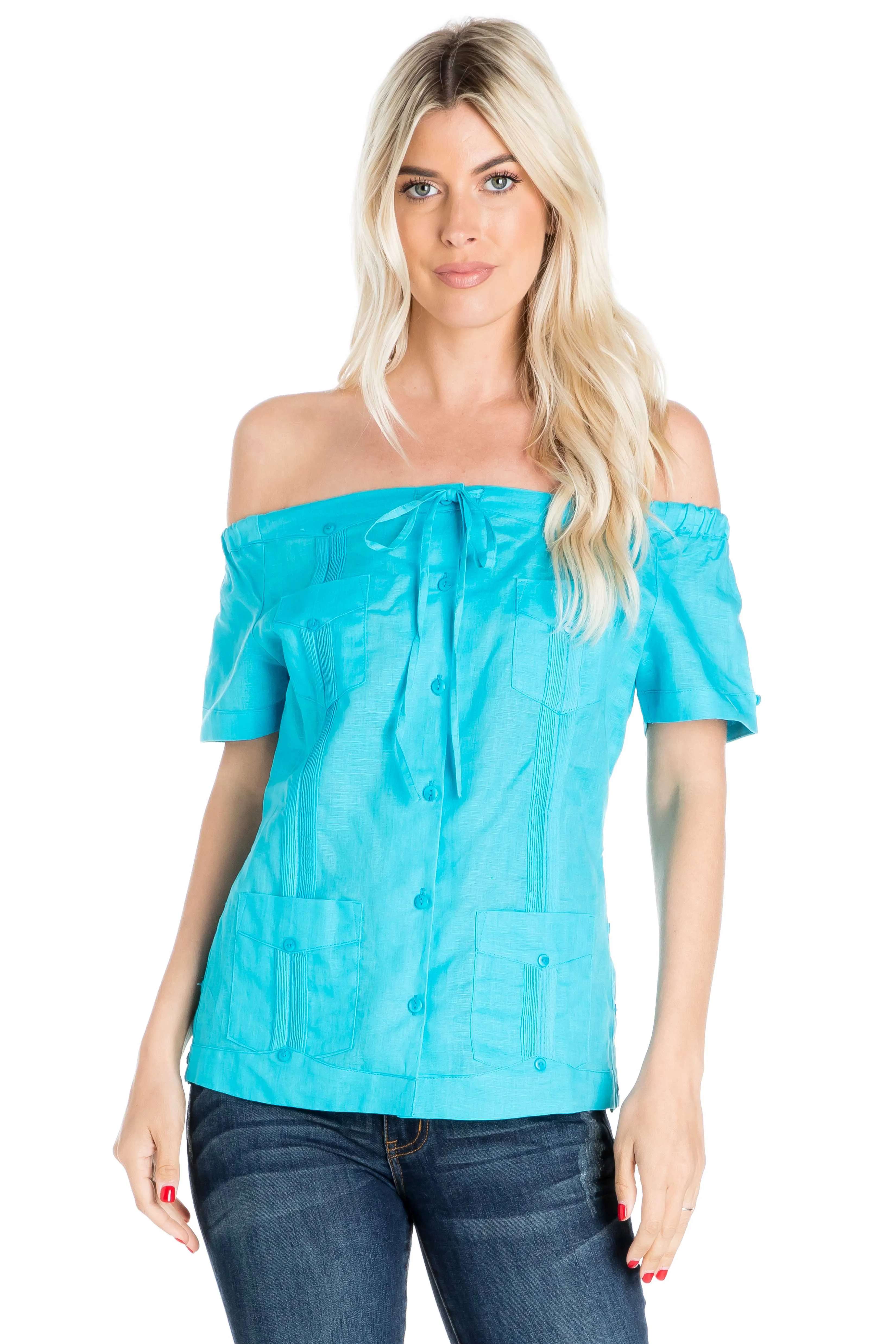 Women's Sexy Guayabera Off-Shoulder Top Button Down Linen Blend S-2X