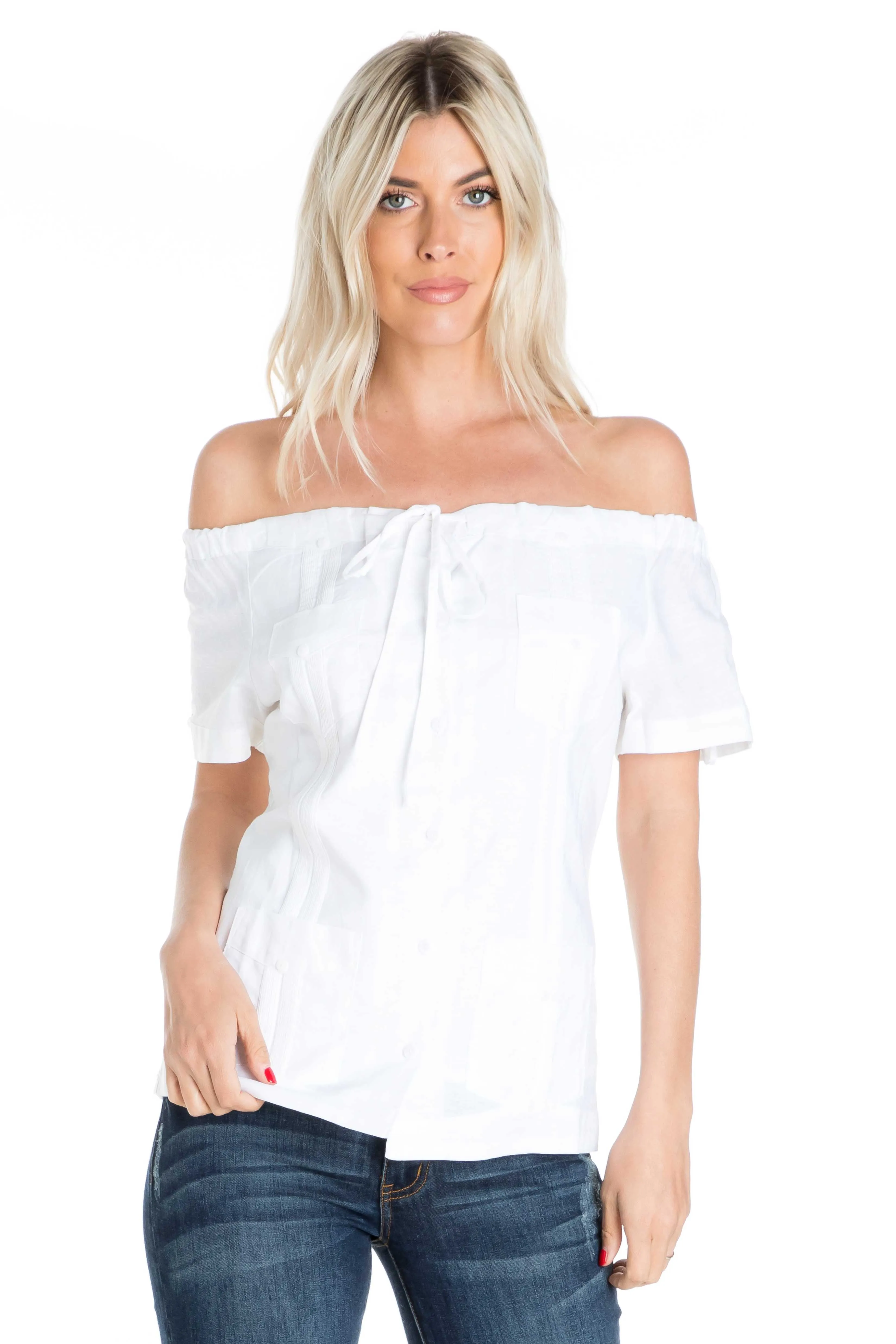 Women's Sexy Guayabera Off-Shoulder Top Button Down Linen Blend S-2X