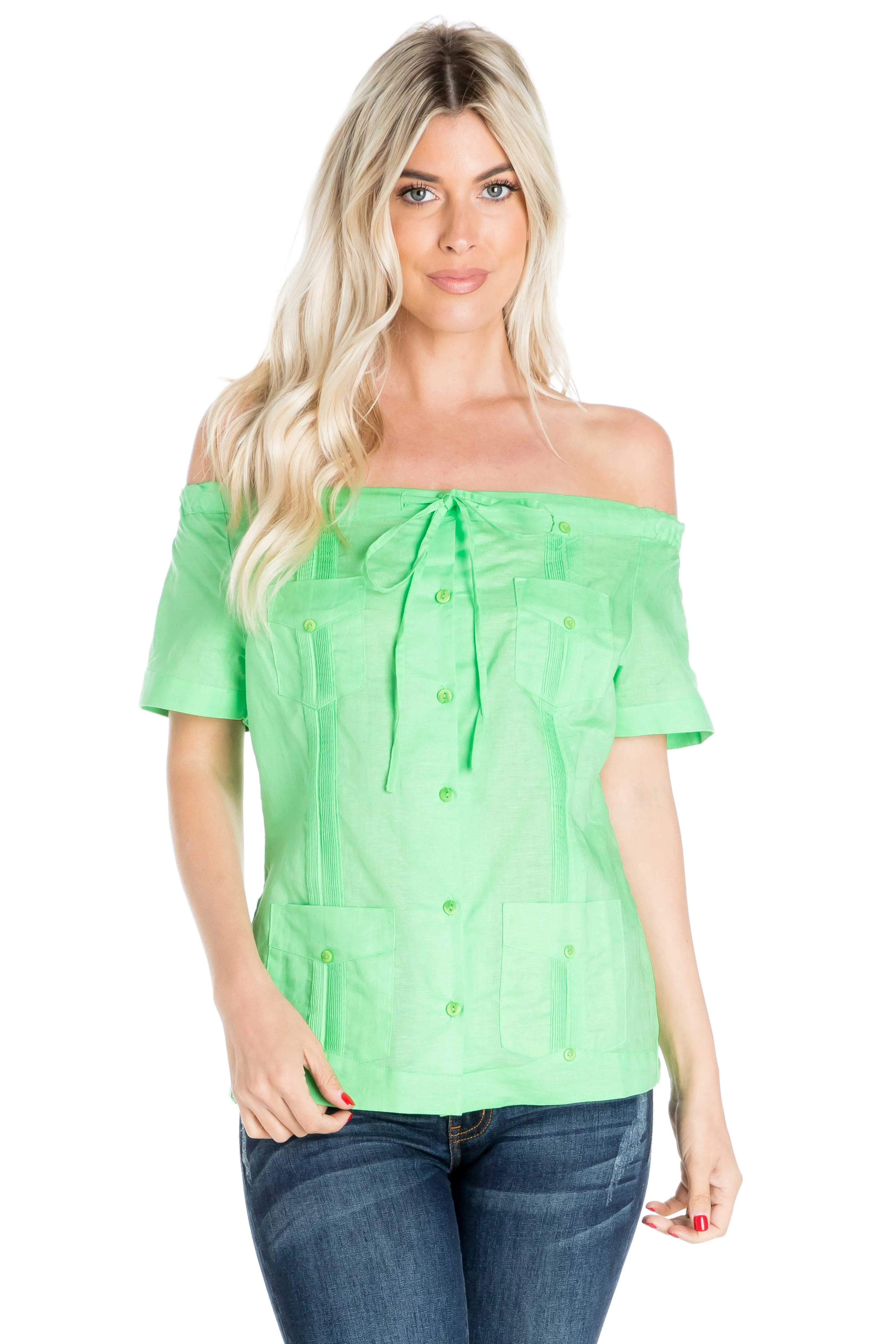 Women's Sexy Guayabera Off-Shoulder Top Button Down Linen Blend S-2X