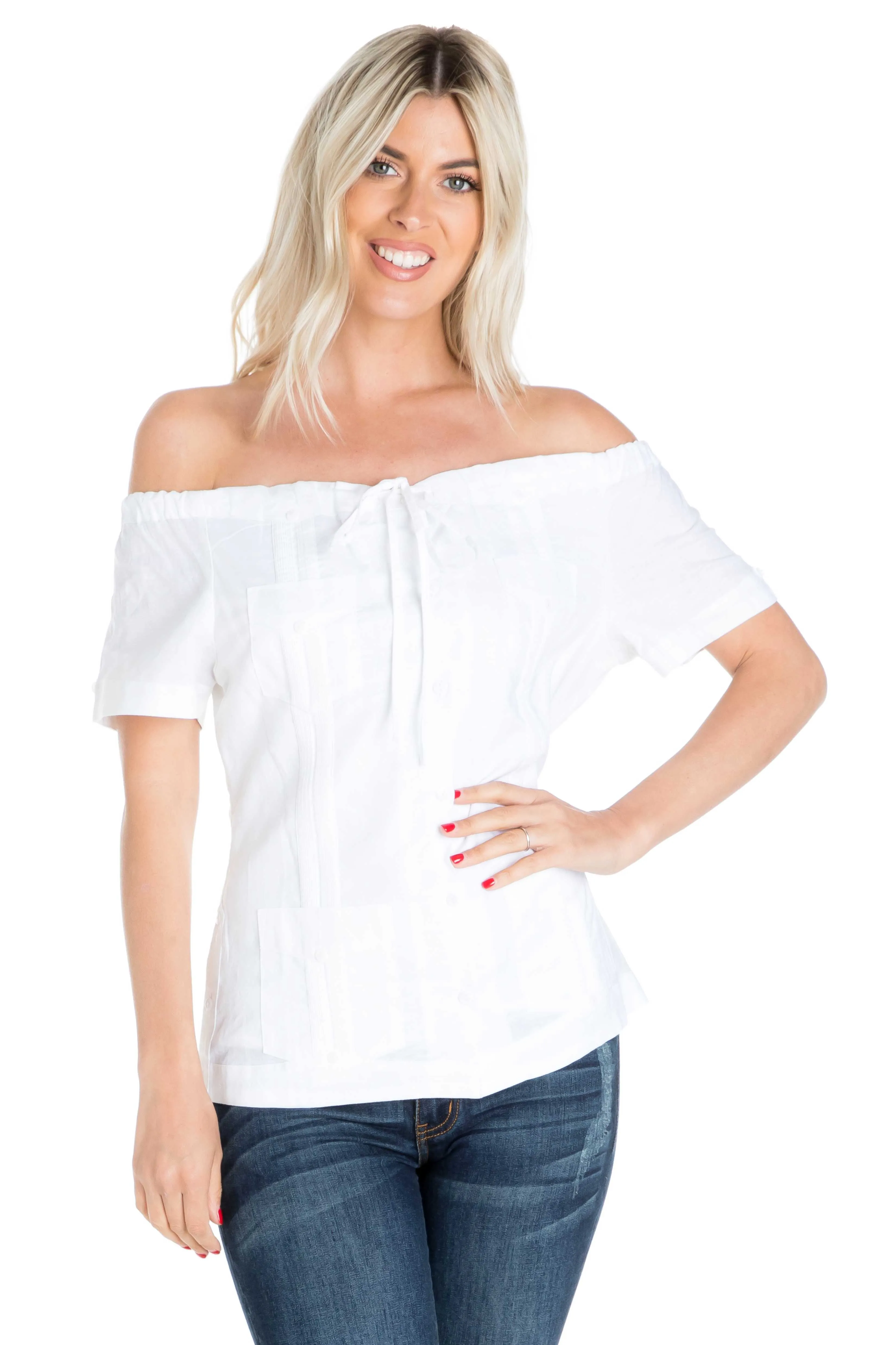 Women's Sexy Guayabera Off-Shoulder Top Button Down Linen Blend S-2X