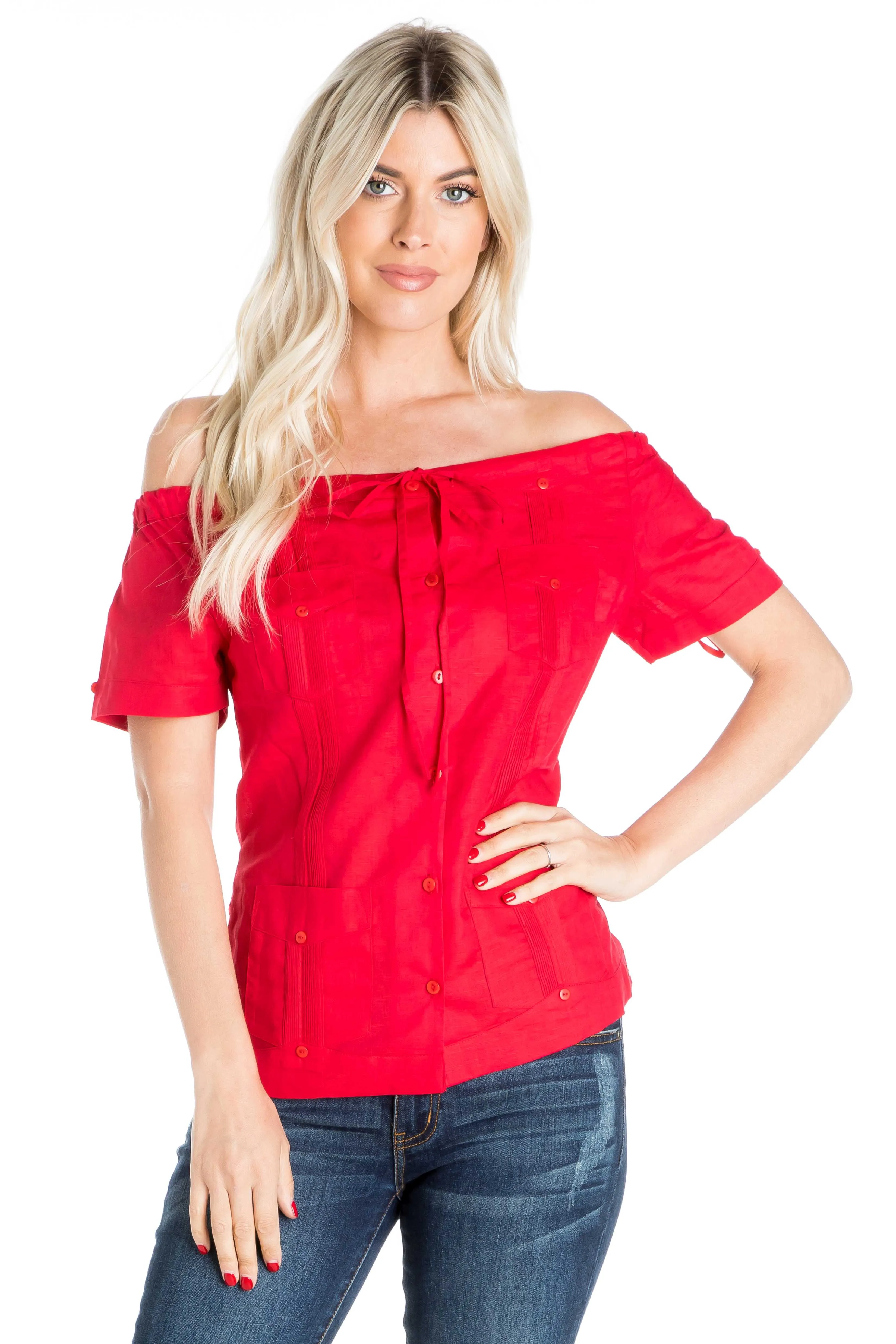 Women's Sexy Guayabera Off-Shoulder Top Button Down Linen Blend S-2X