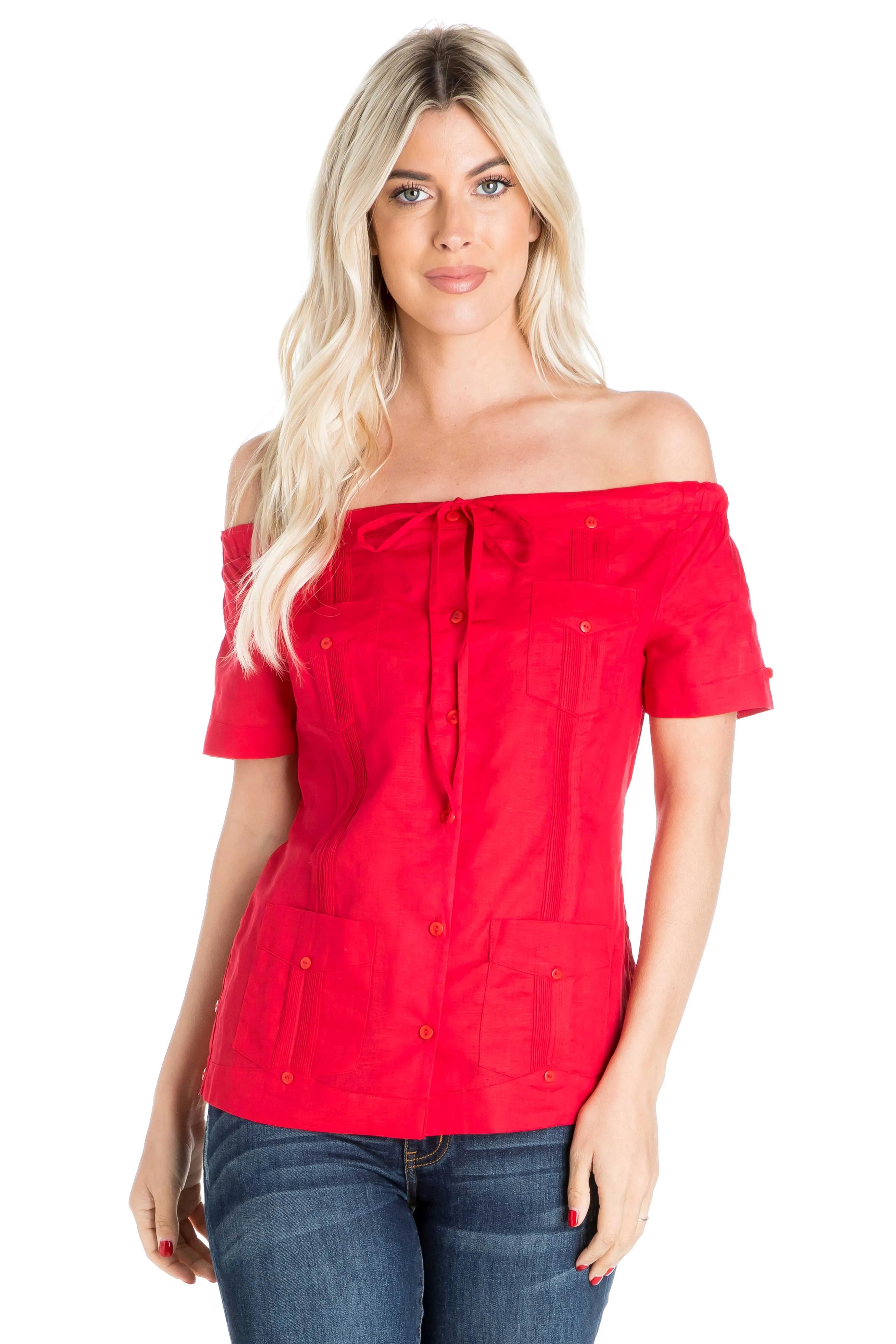 Women's Sexy Guayabera Off-Shoulder Top Button Down Linen Blend S-2X