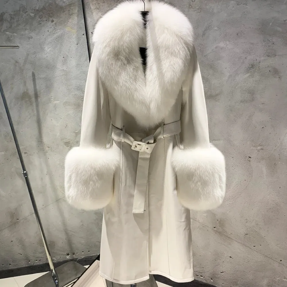 Women's Sheepskin Leather Fox Fur Trench Coat