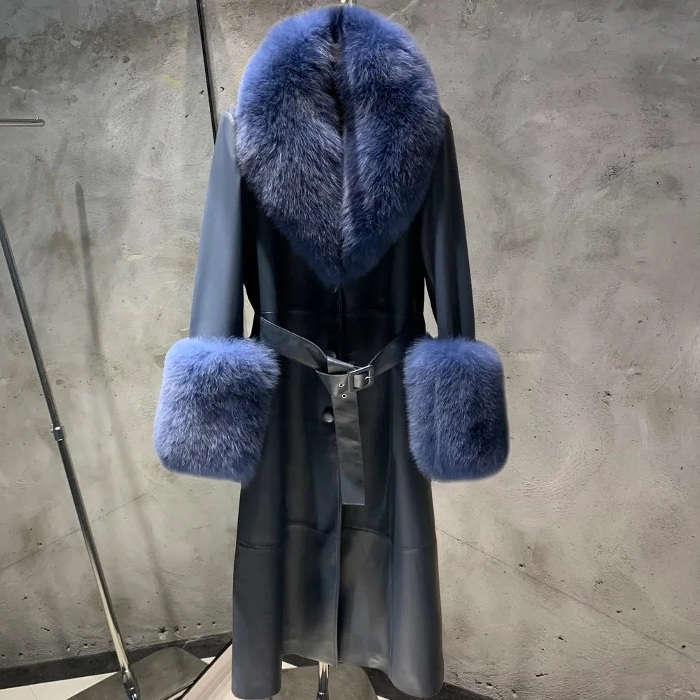 Women's Sheepskin Leather Fox Fur Trench Coat