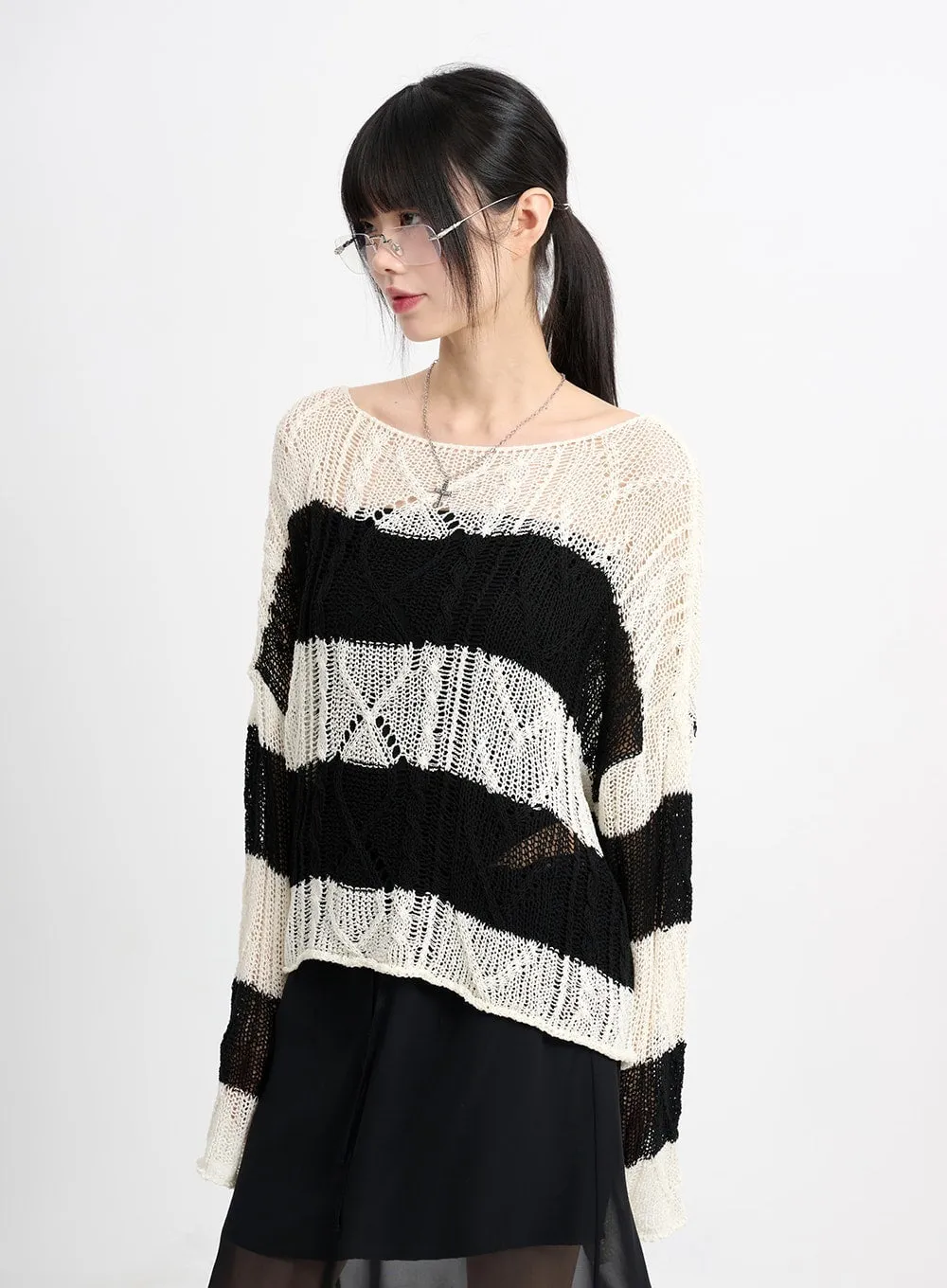 Wool Blend Hollow Out Striped Knit Sweater CM415