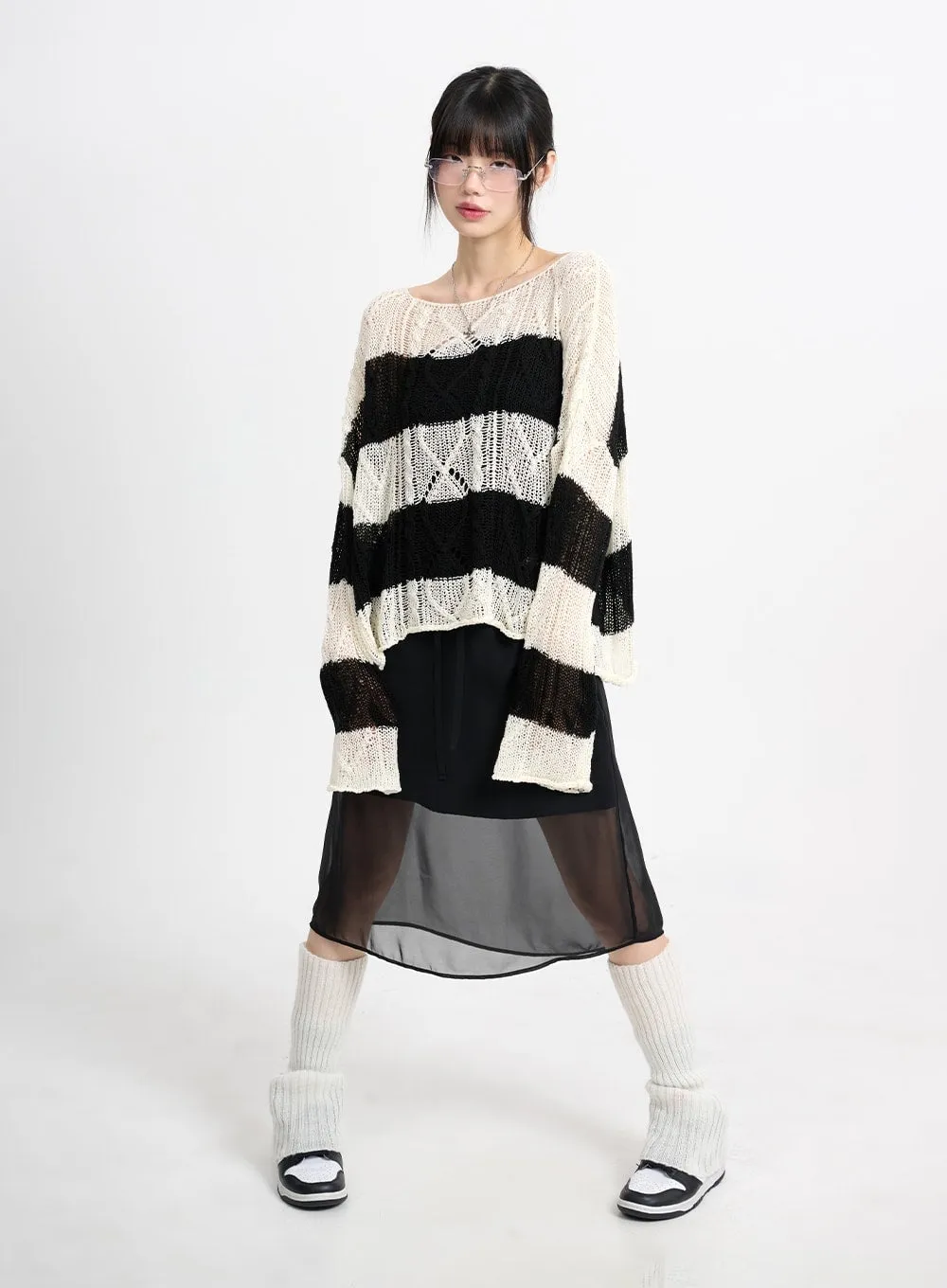 Wool Blend Hollow Out Striped Knit Sweater CM415