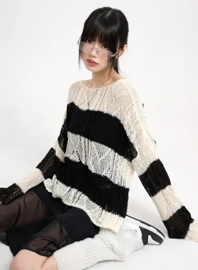 Wool Blend Hollow Out Striped Knit Sweater CM415