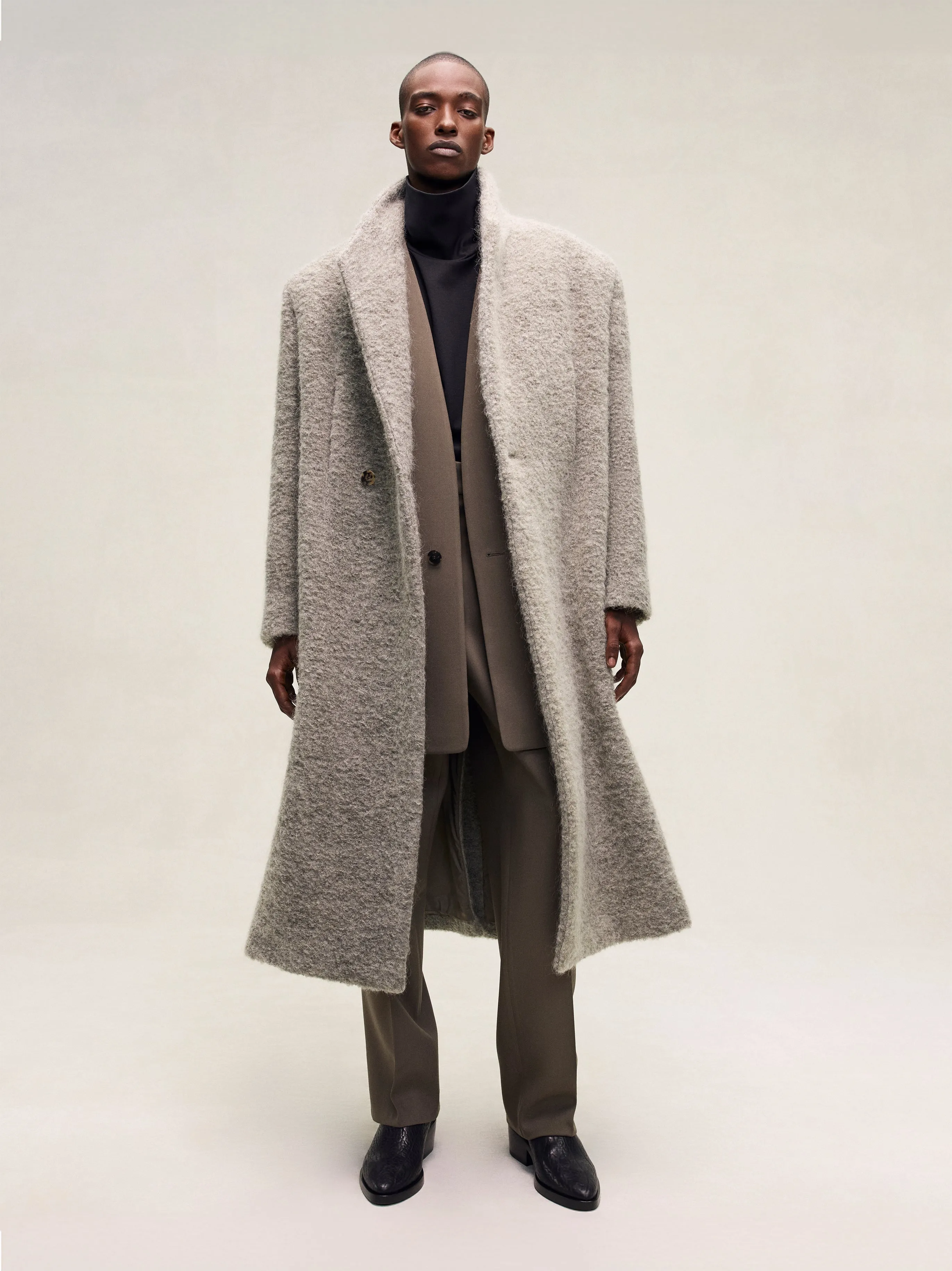 Wool Boucle Stand Collar Overcoat