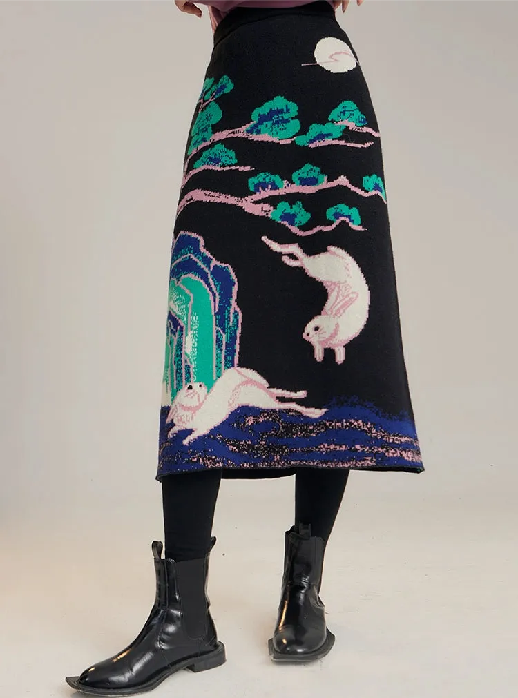 Xi Nao 嬉闹 Frolicking Rabbits New Chinese Style Knit Midi Skirt