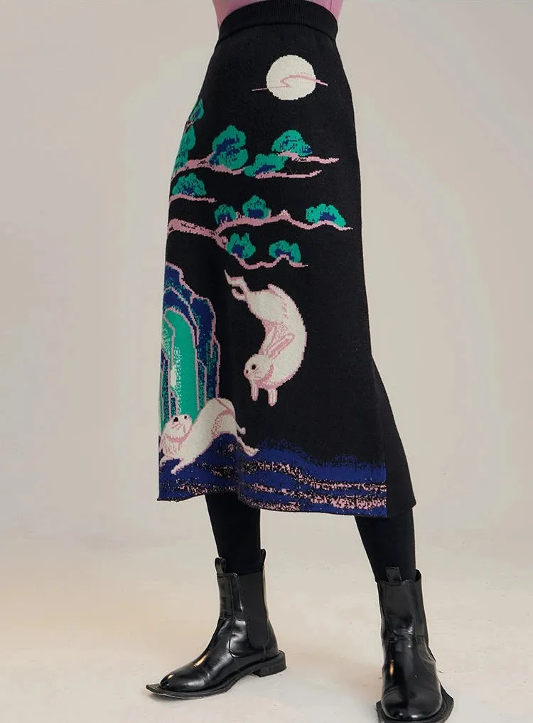 Xi Nao 嬉闹 Frolicking Rabbits New Chinese Style Knit Midi Skirt