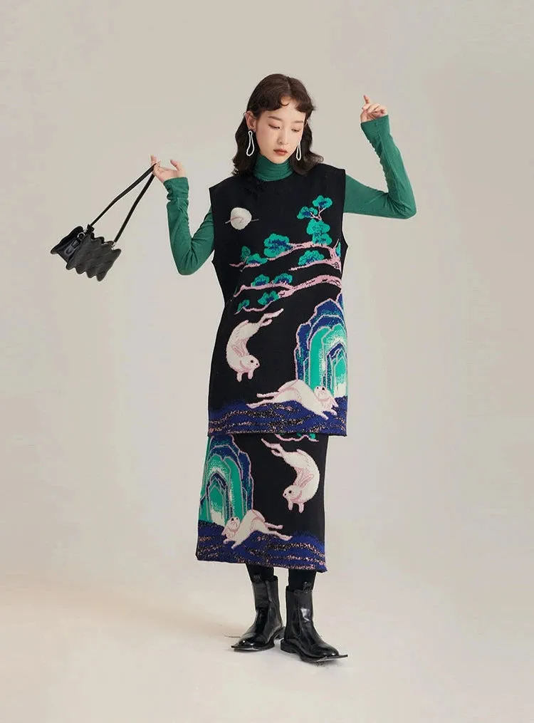 Xi Nao 嬉闹 Frolicking Rabbits New Chinese Style Knit Midi Skirt