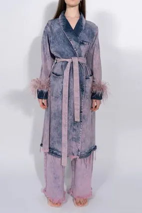 xiangtuibao Feather Trim Elegant Lace-Up Gradient Denim Trench Coat