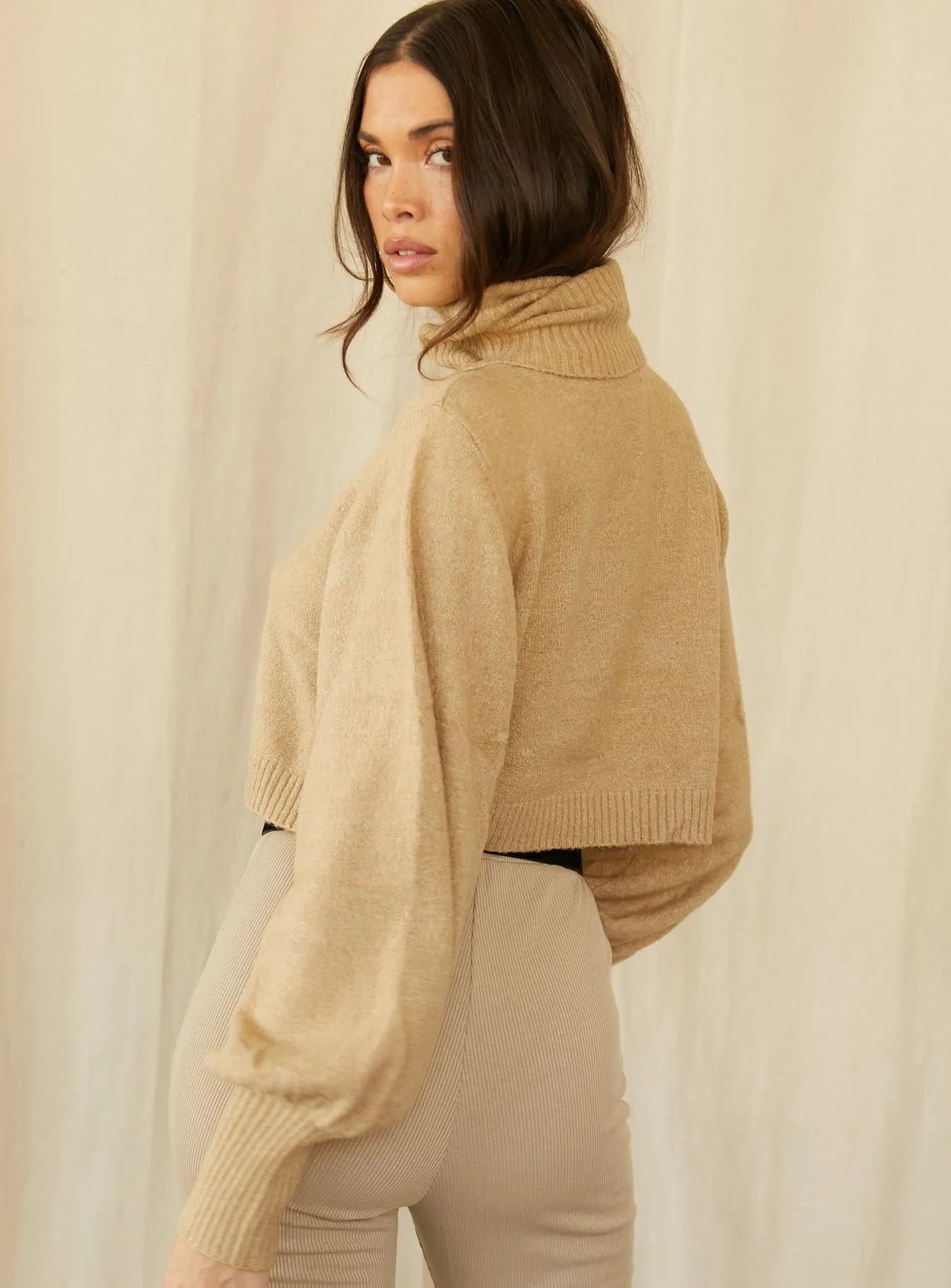 Zahara Cropped Turtleneck Sweater Beige